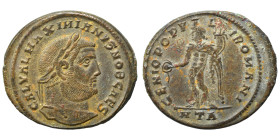 Galerius Maximianus, Caesar, 293-305. Follis (bronze, 9.31 g, 29 mm), Heraclea. GAL VAL MAXIMIANVS NOB CAES Laureate head right. Rev. GENIO POPVLI ROM...