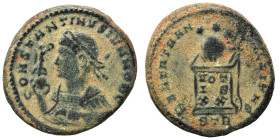 Constantine II, as Caesar, 316-337. Follis (bronze, 3.50 g, 20 mm), Treveri (Trier), Laureate bust left, wearing trabea, holding Victory on globe and ...