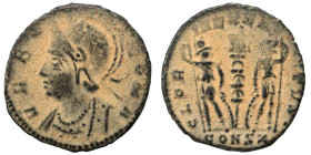 Commemorative Series, 330-340. Follis (bronze, 1.44 g, 15 mm), Heraclea. VRBS ROMA helmeted bust of Roma left Rev. GLORIA EXERCITVS two soldiers holdi...