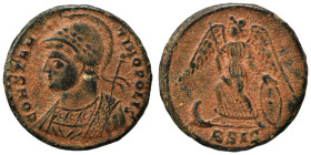 Commemorative Series. 330-354. Follis (bronze, 2.26 g, 18 mm), Siscia. Laureate and helmeted bust of Constantinopolis left, wearing imperial cloak, ho...