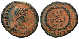 Gratian, 367-383. Ae (bronze, 1.37 g, 13 mm), Antioch. D N GRATIANVS AVG Diademed, draped and cuirassed bust of Gratian right. Rev. VOT/X/MVLT/XX with...