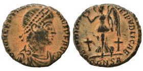 Valentinian I, 364-375. Ae (bronze, 2.93 g, 16 mm). Constantinople. Pearl-diademed, draped and cuirassed bust right. Rev. Victory advancing left, hold...