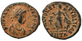Valentinian II, 375-392. Ae (bronze, 1.13 g, 12 mm), Antioch. Pearl-diademed, draped and cuirassed bust right. Rev. Victory advancing left, holding tr...