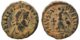 Valentinian II, 375-392. Ae (bronze, 1.34 g, 13 mm), Antioch. Pearl-diademed, draped and cuirassed bust right. Rev. Victory advancing left, holding tr...