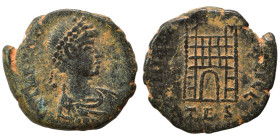 Valentinian II, 375-392. Nummus (bronze, 1.32 g, 12 mm). Thessalonica. D N VALENTINIANVS P F AVG Pearl-diademed, draped and cuirassed bust right. Rev....