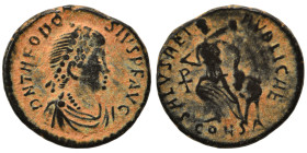Theodosius I, 379-395. Nummus (bronze, 1.17 g, 13 mm), Constantinople. D N THEODOSIVS P F AVG Pearl-diademed, draped, and cuirassed bust right. Rev. S...