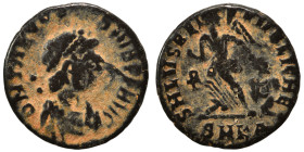 Theodosius I, 379-395. Nummus (bronze, 0.80 g, 12 mm), Cyzicus. D N THEODOSIVS P F AVG Pearl-diademed, draped, and cuirassed bust right. Rev. SALVS RE...