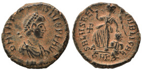 Theodosius I, 379-395. Nummus (bronze, 1.32 g, 13 mm), Cyzicus. D N THEODO-SIVS P F AVG Pearl-diademed, draped and cuirassed bust right. Rev. SALVS RE...