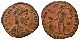 Theodosius I, 379-395. Follis (bronze, 5.29 g, 23 mm), Thessalonica. D N THEODOSIVS P F AVG Pearl-diademed, draped and curaissed bust right. Rev. REPA...