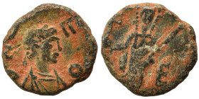 Leo I, 457-474. Nummus (bronze, 1.04 g, 11 mm), Constantinople. Pearl-diademed, draped and cuirassed bust of Leo I to right. Rev. Verina standing faci...