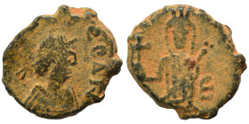 Leo I, 457-474. Nummus (bronze, 1.42 g, 11 mm), Constantinople. Pearl-diademed, draped and cuirassed bust of Leo I to right. Rev. Verina standing faci...