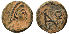 Zeno, 476-491. Nummus (bronze, 0.84 g, 9 mm), Constantinople. Pearl-diademed, draped, and cuirassed bust right. Rev. Zeno monogram within wreath. RIC ...