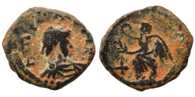 Zeno, 476-491. Ae (bronze, 0.80 g, 8 mm). Diademed, draped and cuirassed bust right. Rev Victory advancing left, holding wreath. Nearly very fine.