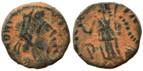 Uncertain, circa 5th centuries AD. Ae (bronze, 1.49 g, 10 mm). Diademed, draped, and cuirassed bust right. Rev. Victory advancing left, holding trophy...