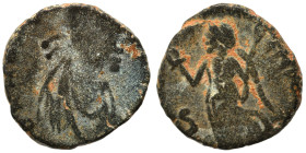 Uncertain, circa 5th centuries AD. Ae (bronze, 1.12 g, 11 mm). Diademed, draped, and cuirassed bust right. Rev. Victory advancing left, holding trophy...