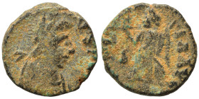 Uncertain, circa 5th centuries AD. Ae (bronze, 1.37 g, 11 mm). Diademed, draped, and cuirassed bust right. Rev. Victory advancing left, holding trophy...