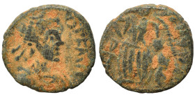 Uncertain, circa 5th centuries AD. Ae (bronze, 0.94 g, 11 mm). Diademed, draped, and cuirassed bust right. Rev. Victory advancing left, holding trophy...