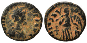 Uncertain, circa 5th centuries AD. Ae (bronze, 1.08 g, 12 mm). Diademed, draped, and cuirassed bust right. Rev. Victory advancing left, holding trophy...