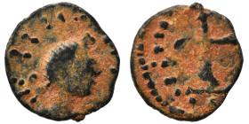 Barbaric imitation of Roman follis, circa 5th centuries AD. Ae (bronze, 0.37 g, 10 mm). Diademed, draped, and cuirassed bust right. Rev. Cross. Nearly...