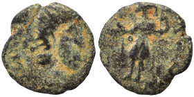 Barbaric imitation of Roman follis, circa 5th centuries AD. Ae (bronze, 0.48 g, 9 mm). Diademed, draped, and cuirassed bust right. Rev. Emperor standi...