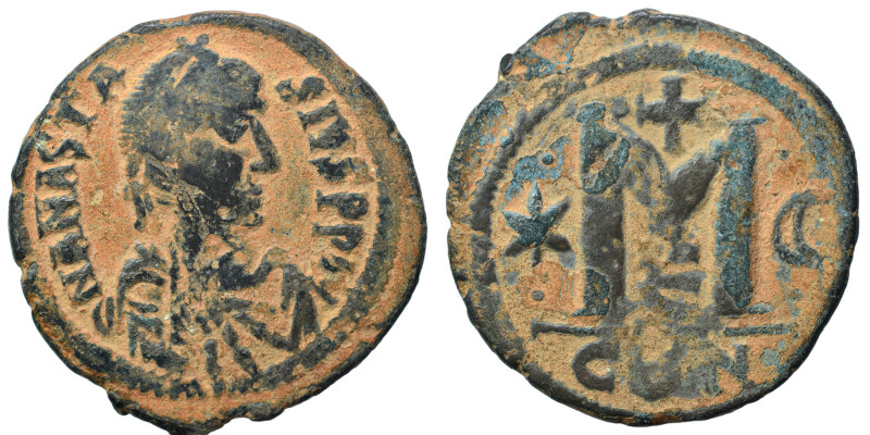 Anastasius I, 491-518. Follis (bronze, 15.75 g, 34 mm), Constantinople. Diademed...