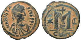 Anastasius I, 491-518. Follis (bronze, 15.75 g, 34 mm), Constantinople. Diademed, draped and cuirassed bust right. Rev.Large M; star to left, crescent...