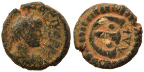 Anastasius I, 491-518. Pentanummium (bronze, 2.50 g, 13 mm), Theoupolis (Antioch). Diademed, draped, and cuirassed bust of Anastasius to right; above,...