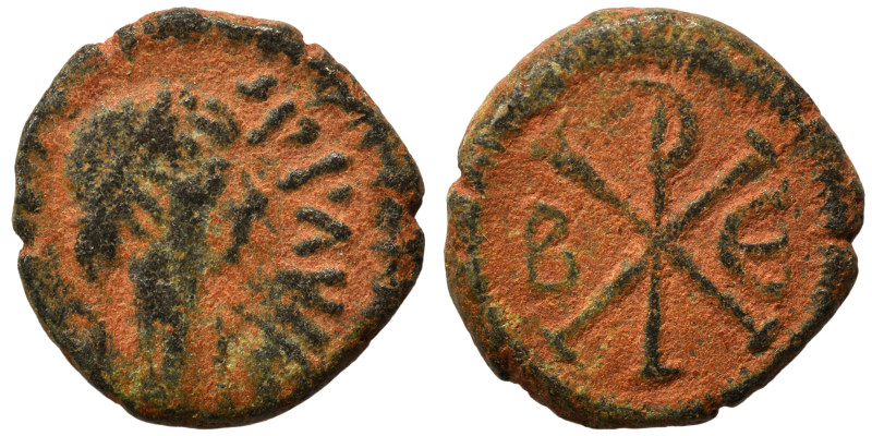 Justin I, 518-527. Pentanummium (bronze, 1.45 g, 12 mm), Constantinople. D N IVS...