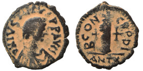 Justin I, 518-527. Dekanummium (bronze, 3.54 g, 21 mm), Antioch. D N IVSTINVS P P AVG Diademed, draped and cuirassed bust of Justin I to right. Rev. B...