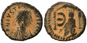 Justin I, 518-527. Pentanummium (bronze, 1.96 g, 14 mm), Theoupolis (Antioch). Diademed, draped and cuirassed bust of Justin I to right. Rev. Tyche of...