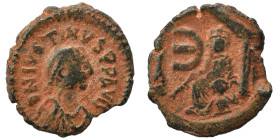 Justin I, 518-527. Pentanummium (bronze, 1.80 g, 14 mm), Theoupolis (Antioch). Diademed, draped and cuirassed bust of Justin I to right. Rev. Tyche of...