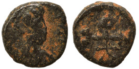 Justin I, 518-527. Pentanummium (bronze, 0.61 g, 8 mm), Theoupolis (Antioch). D N IVSTINVS P AVG Pearl-diademed, draped and cuirassed bust to right. R...
