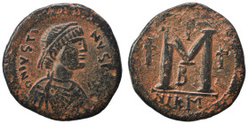 Justin I, 518-527. Follis (bronze, 15.91 g, 33 mm), Nicomedia. D N IVSTINVS P[…] Diademed and draped bust of Justin I to right. Rev. Large M between t...