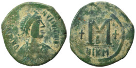 Justin I, 518-527. Follis (bronze, 15.30 g, 32 mm), Nicomedia. D N IVSTINVS[…] Diademed and draped bust of Justin I to right. Rev. Large M between two...