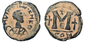 Justin I, 518-527. Follis (bronze, 16.52 g, 30 mm), Eastern imitation. (blundered legend) Diademed and draped bust of Justin I to right. Rev. Large M ...