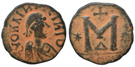 Justin I, 518-527. Follis (bronze, 12.90 g, 27 mm), Eastern imitation. (blundered legend) Diademed and draped bust of Justin I to right. Rev. Large M ...