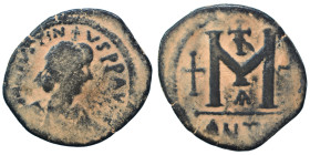 Justin I, 518-527. Follis (bronze, 8.24 g, 31 mm), Eastern imitation. D N IVSTINVS PP AVG Diademed and draped bust of Justin I to right. Rev. Large M ...