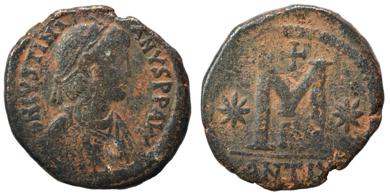 Justinian I, 527-565. Follis (bronze, 15.48 g, 32 mm), Theoupolis (Antioch). D N...