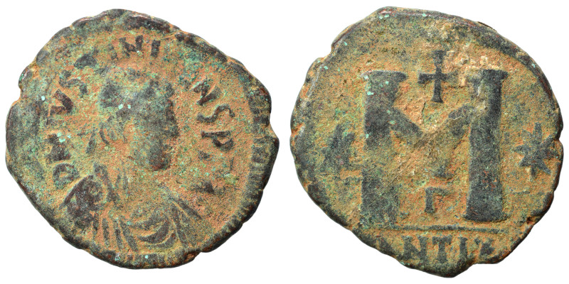 Justinian I, 527-565. Follis (bronze, 16.65 g, 33 mm), Theoupolis (Antioch). D N...