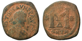 Justinian I, 527-565. Follis (bronze, 16.41 g, 31 mm), Theoupolis (Antioch). Blundered legend D N IVSTNIAVS P P AVG Diademed, draped, and cuirassed bu...