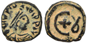 Justinian I, 527-565. Pentanummium (bronze, 2.21 g, 15 mm), Theoupolis (Antioch). D N IVSTINIANVS P P A Diademed, draped and cuirassed bust of Justini...