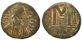 Justinian I, 527-565. Follis (bronze, 16.01 g, 27 mm), Carthage. D N IVSTINIANVS P P AVG Diademed, draped, and cuirassed bust of Justinian I to right ...