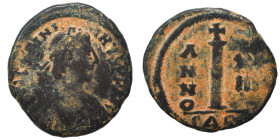 Justinian I, 527-565. Decanummium (bronze, 4.92 g, 21 mm), Carthage. Diademed, draped and cuirassed bust of Justinian I to right. Rev. Large I, A/N/N/...
