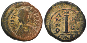 Justinian I, 527-565. Decanummium (bronze, 4.65 g, 18 mm), Carthage. Diademed, draped and cuirassed bust of Justinian I to right. Rev. Large I, A/N/N/...