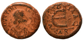 Justinian I, 527-565. Pentanummium (bronze, 3.64 g, 16 mm), Carthage. DN IVSTINIANVS PP AVG Diademed, draped and cuirassed bust right. Rev. VICTORIA A...