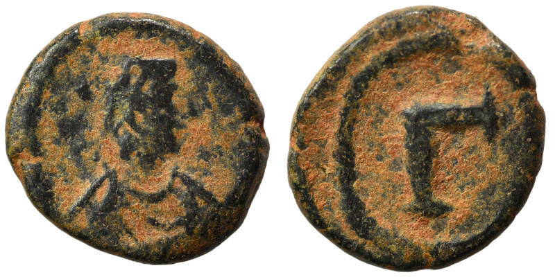 Justinian I, 527-565. 3 Nummi (bronze, 1.58 g, 12 mm), Alexandria. Diademed, dra...