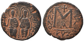 Justin II, with Sophia, 565-578. Follis (bronze, 10.32 g, 27 mm), Moneta Militaris Imitativa. Justin, holding globus cruciger, and Sophia, holding cru...