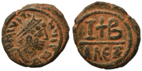 Justin II, 565-578. Dekanummium (bronze, 4.25 g, 17 mm), Alexandria. Diademed, draped and cuirassed bust of Justin II to right. Rev. Cross between I a...