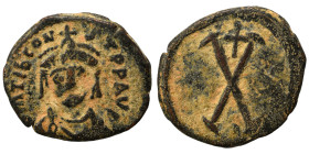Tiberius II Constantine. 578-582. Decanummium (bronze, 3.57 g, 21 mm), Constantinople. Crowned, draped, and cuirassed bust facing. Rev. Large X, cross...