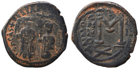 Heraclius, with Heraclius Constantine. 610-641. Follis (bronze, 10.31 g, 31 mm). Heraclius and Heraclius Constantine standing facing, both wearing chl...